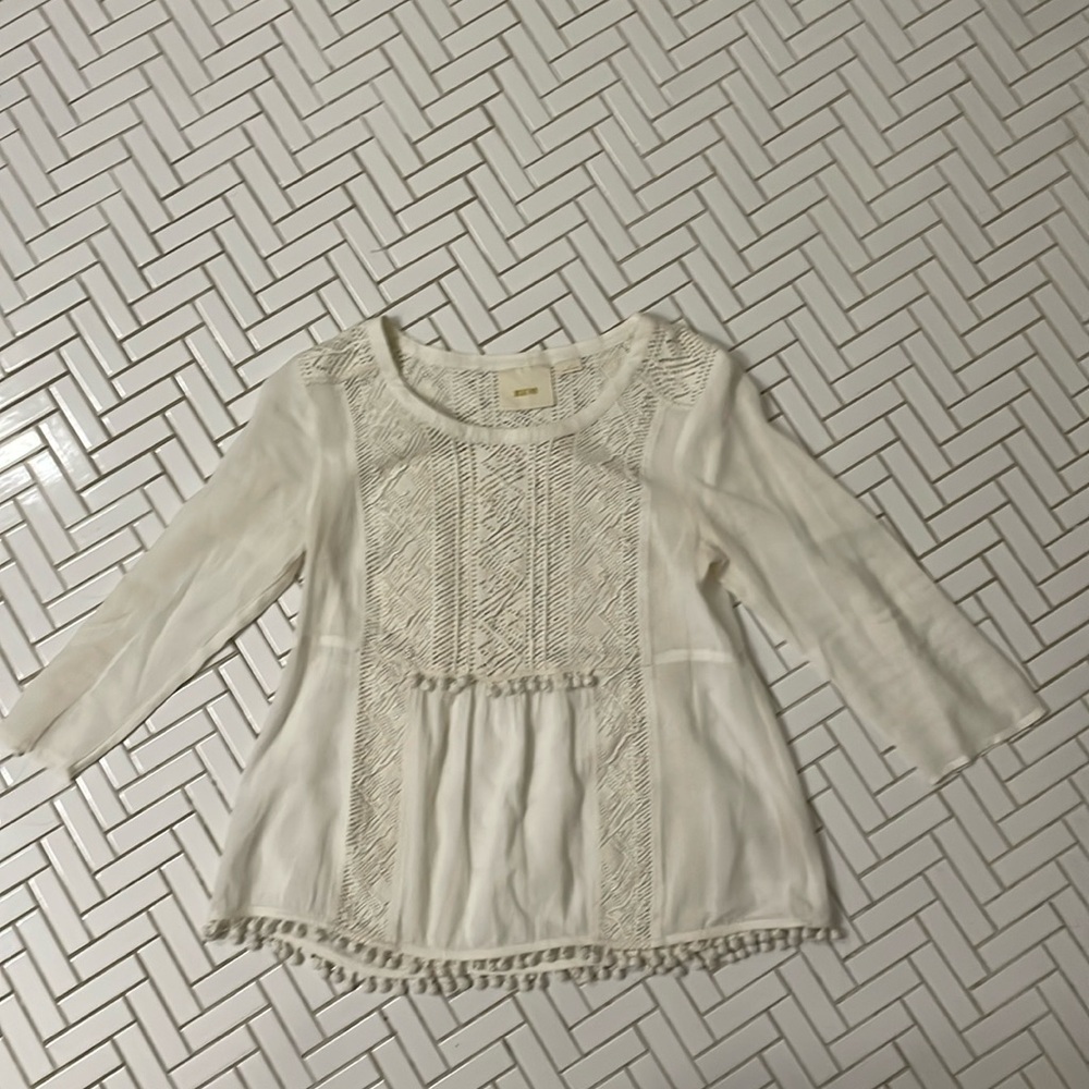 Anthropologie: Maeve blouse with beading and pom poms